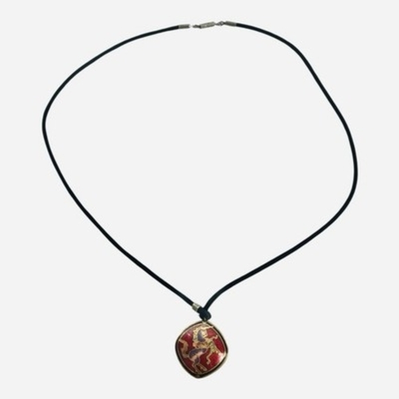 VNTG Red Gold Enamel Cloisonne Horse Unicorn Double Sided Pendant Cord Necklace - Picture 2 of 2